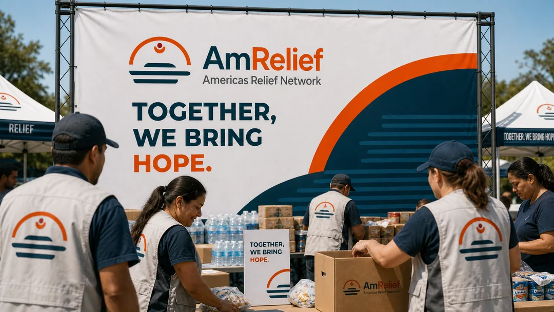 AmRelief volunteers sorting water and supply boxes at a branded field distribution point